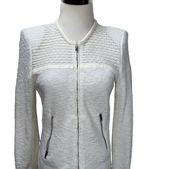 IRO Hurley White Leather Trim Textured Knit Zip Jacket FR38 Pockets Embroidered - Picture 2 of 12